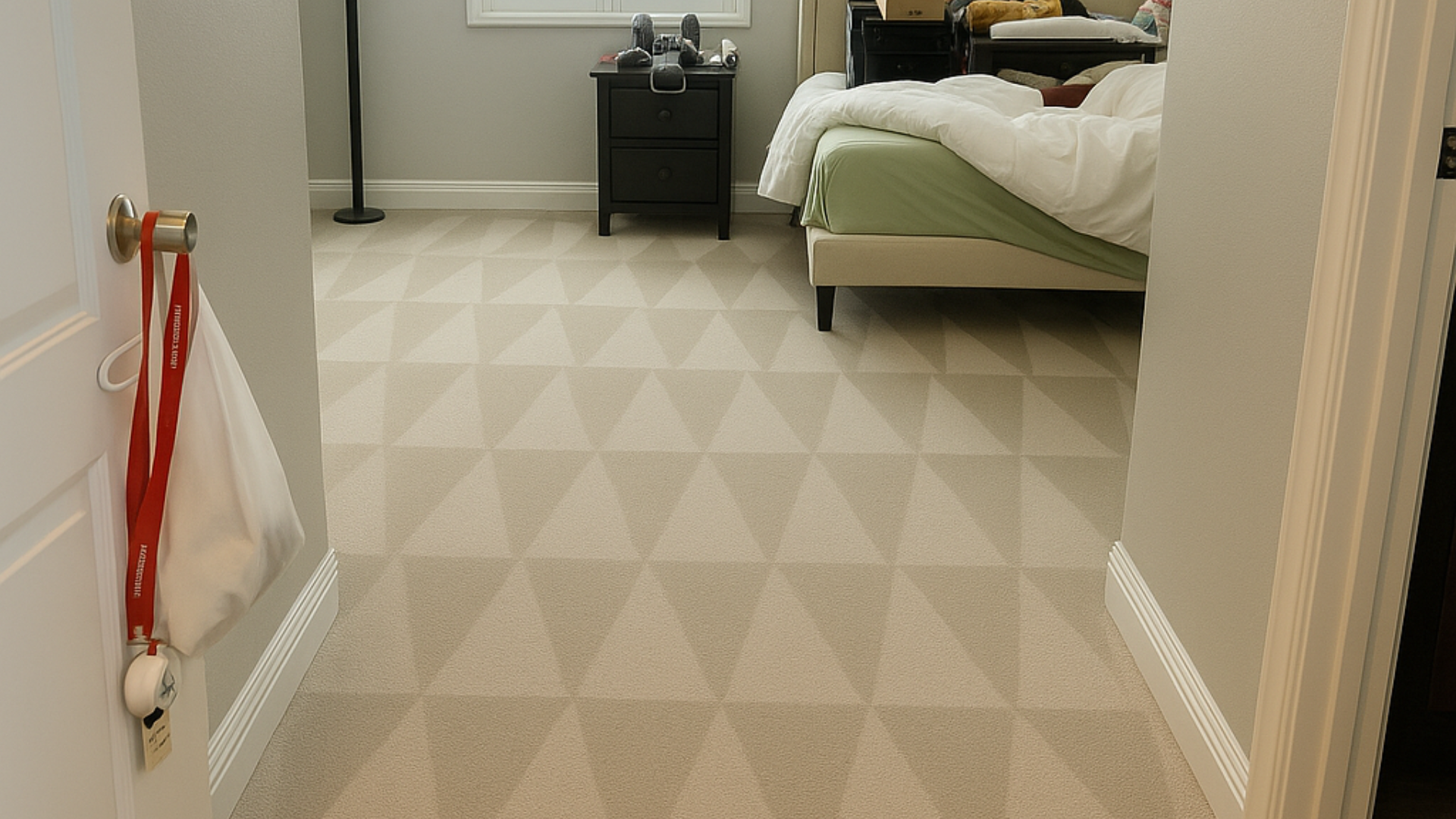 Clean patterned carpet in a well-maintained bedroom